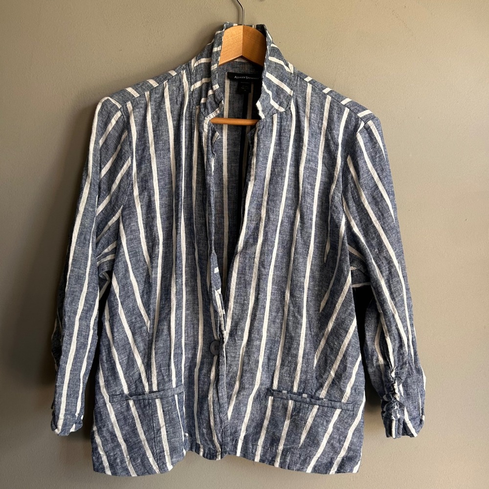 Ashley Stewart Blue White Striped Linen Blend Ruched Sleeve Blazer Jacket 14